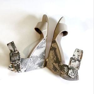 IMPO taupe patten and snakeskin print wedge heels.